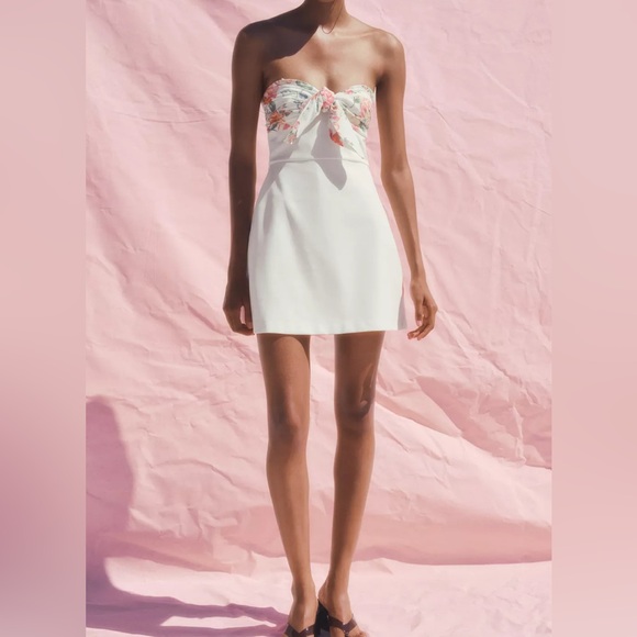 NWT Zara Floral Strapless White Dress - Picture 1 of 3